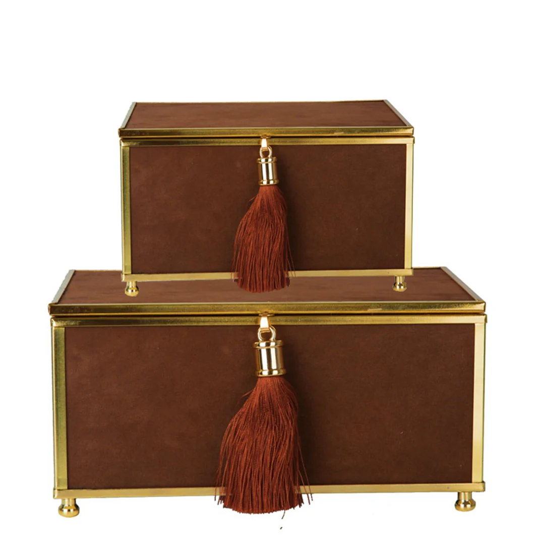2-Piece Decorative Brown Velvet Gold Trinket Jewelry Box with Tassel - Image 2