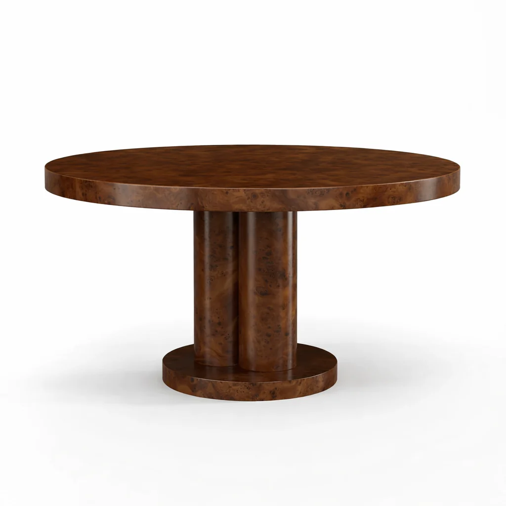 Cambria 51" Round Dark Walnut Burl Wood Pillar Dining Table