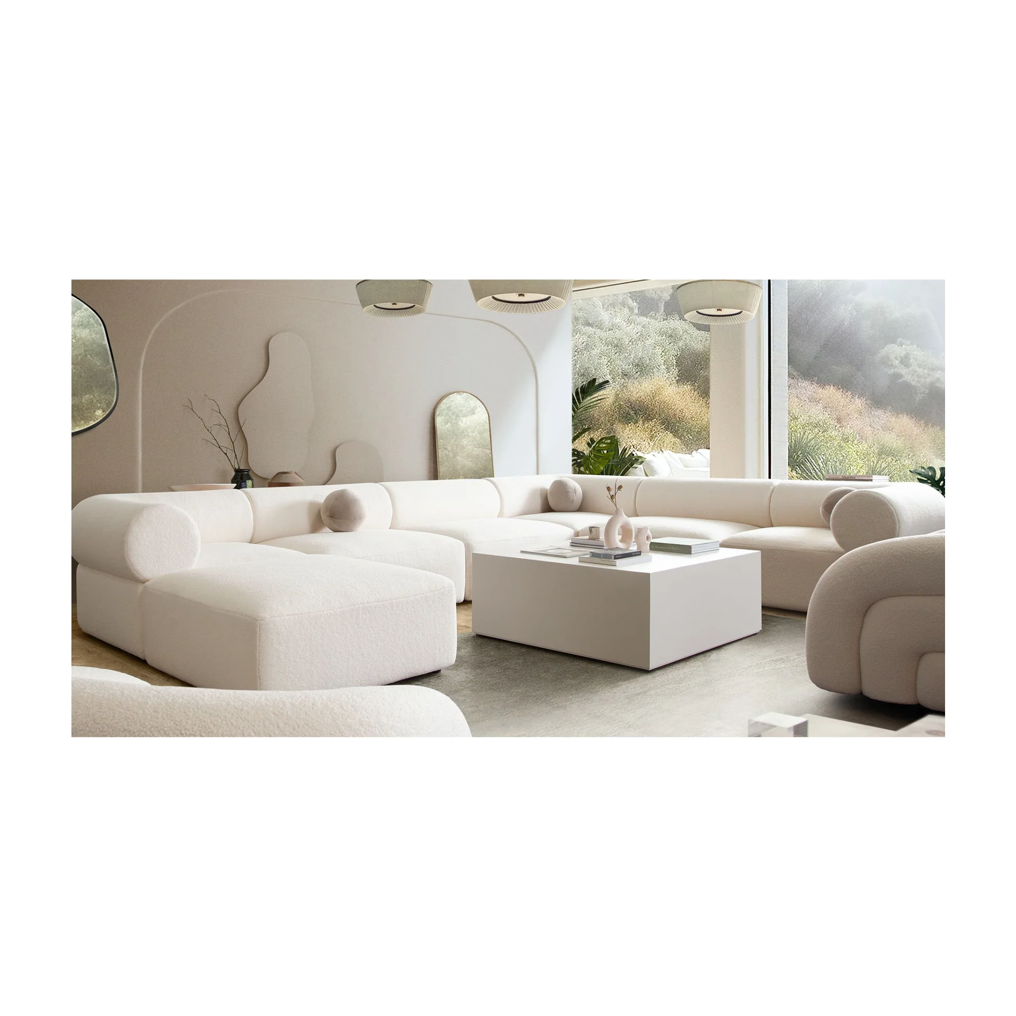 7-Piece Serenity Corner Sectional in Ivory Sherpa Fabric