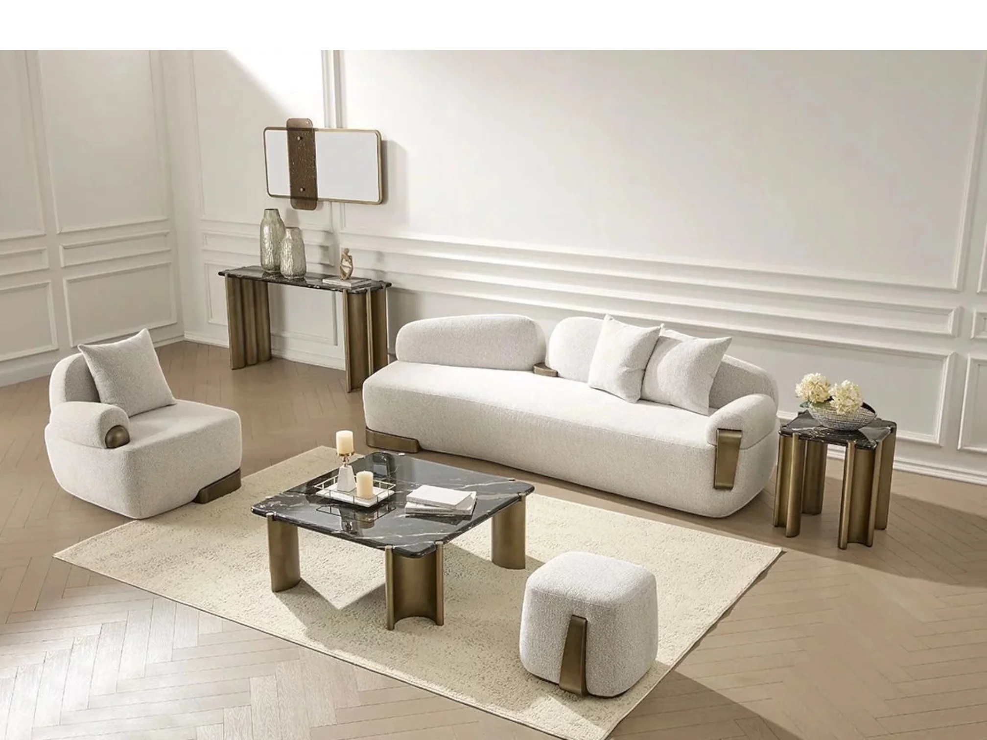 Bravura Contemporary Off-White Fabric + Antique Brass Sofa - Image 13