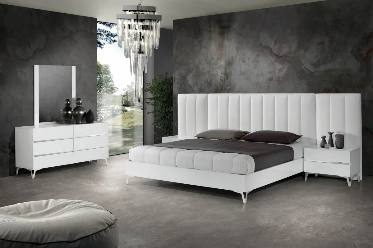 Castiglioni - Italian Modern White Eco Leather Bed W/Nightstands And Wings - Image 4