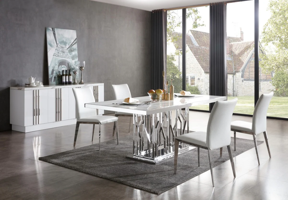 Divinity Modern White Marble & Stainless Steel Dining Table - Image 2