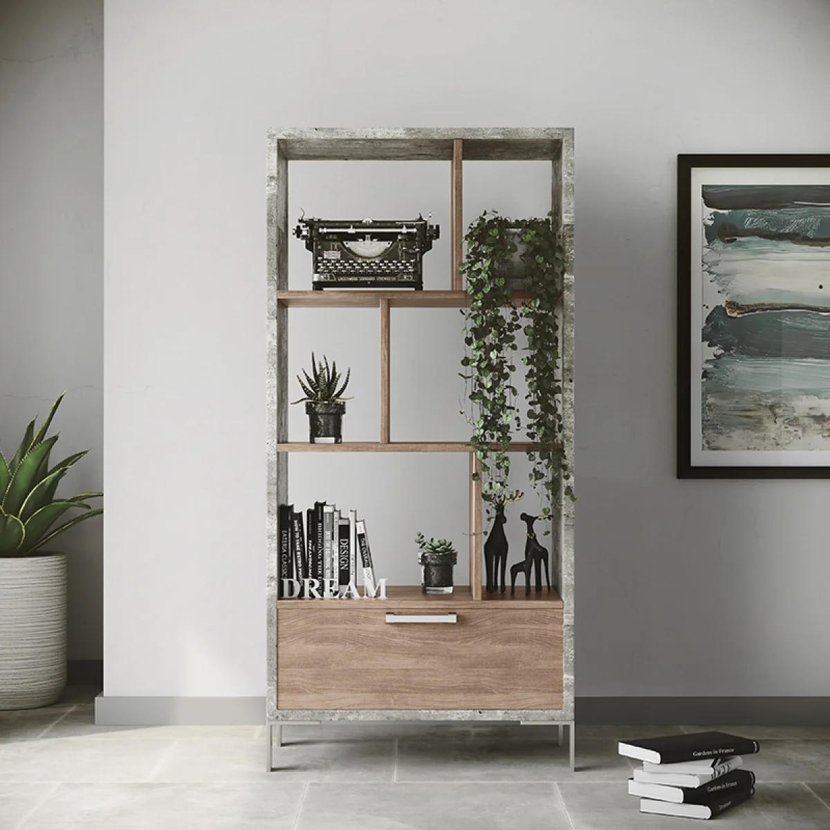 Harvard Brown Oak & Faux Concrete Bookcase - Image 3