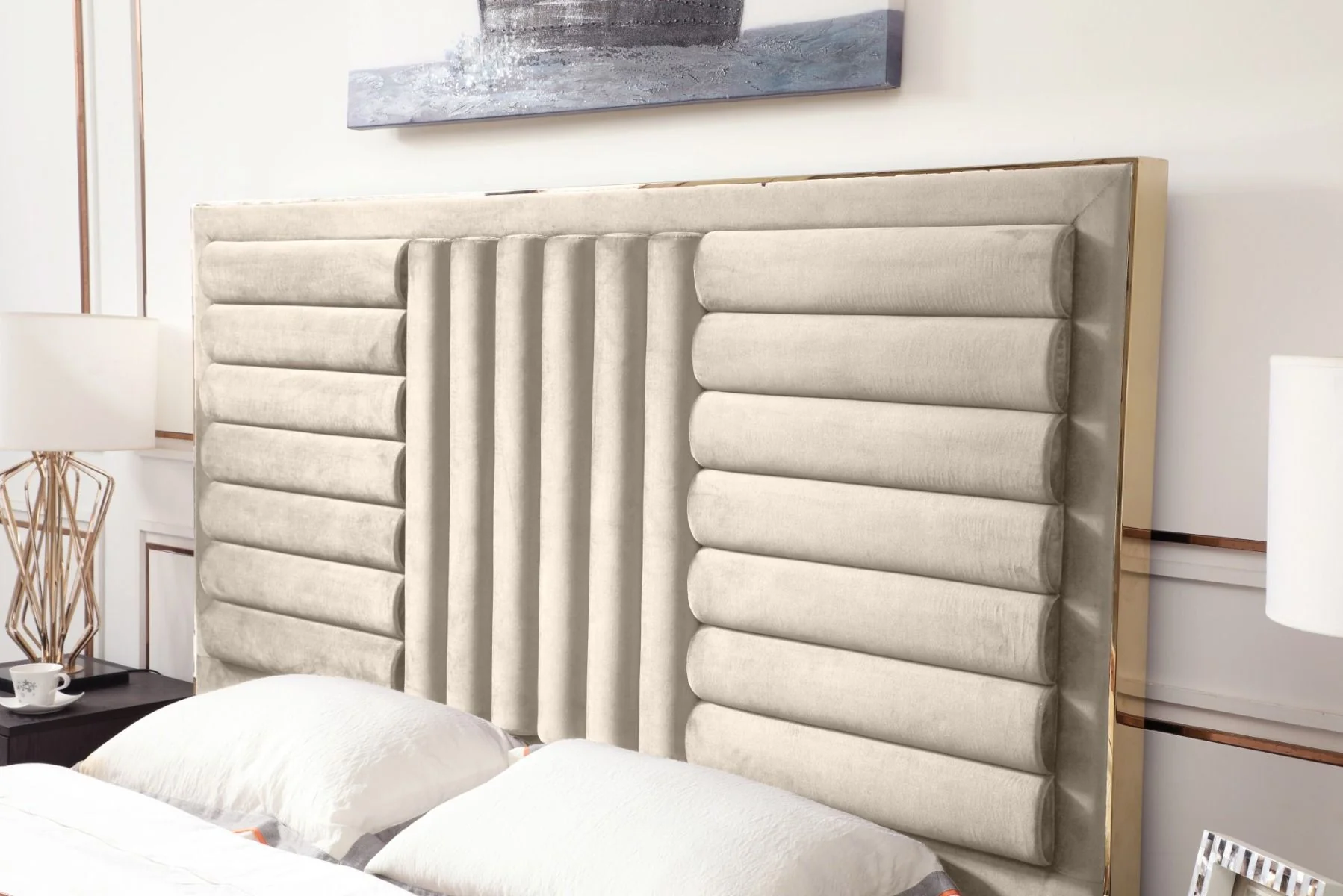 Modern Brooklyn Beige Velvet & Gold Bed Velvet & Gold Bed - Image 4