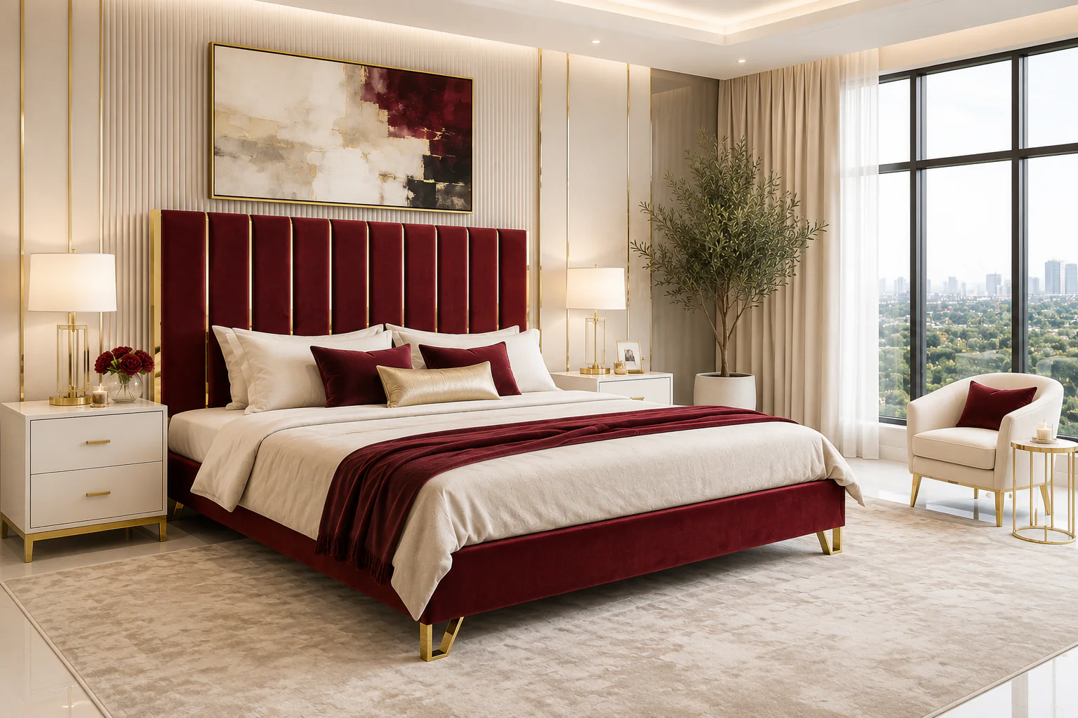 Reyes Modern Red Velvet & Gold Bed - Image 5