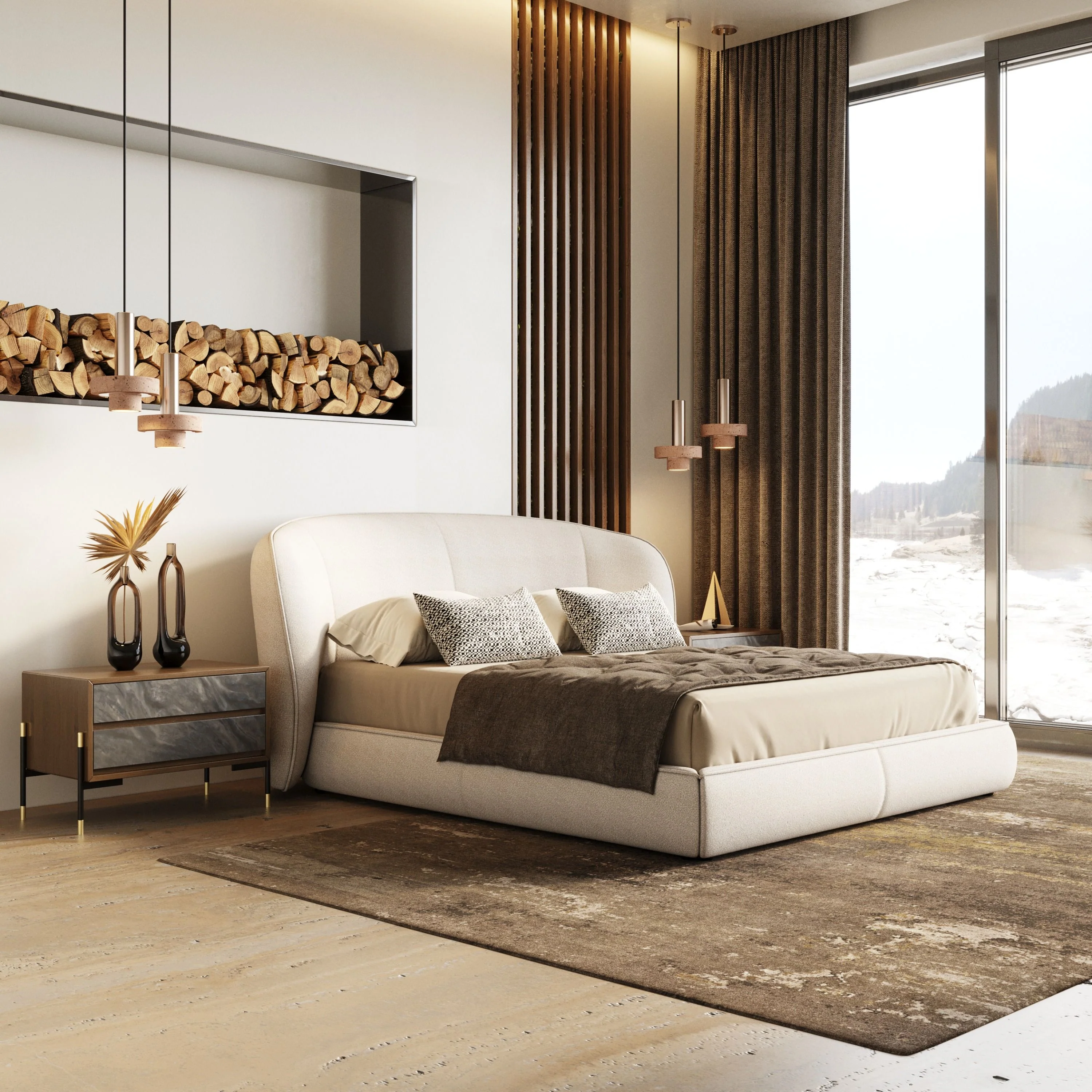 Suzanna Modern Beige Boucle Fabric Upholstered Bed - Image 8