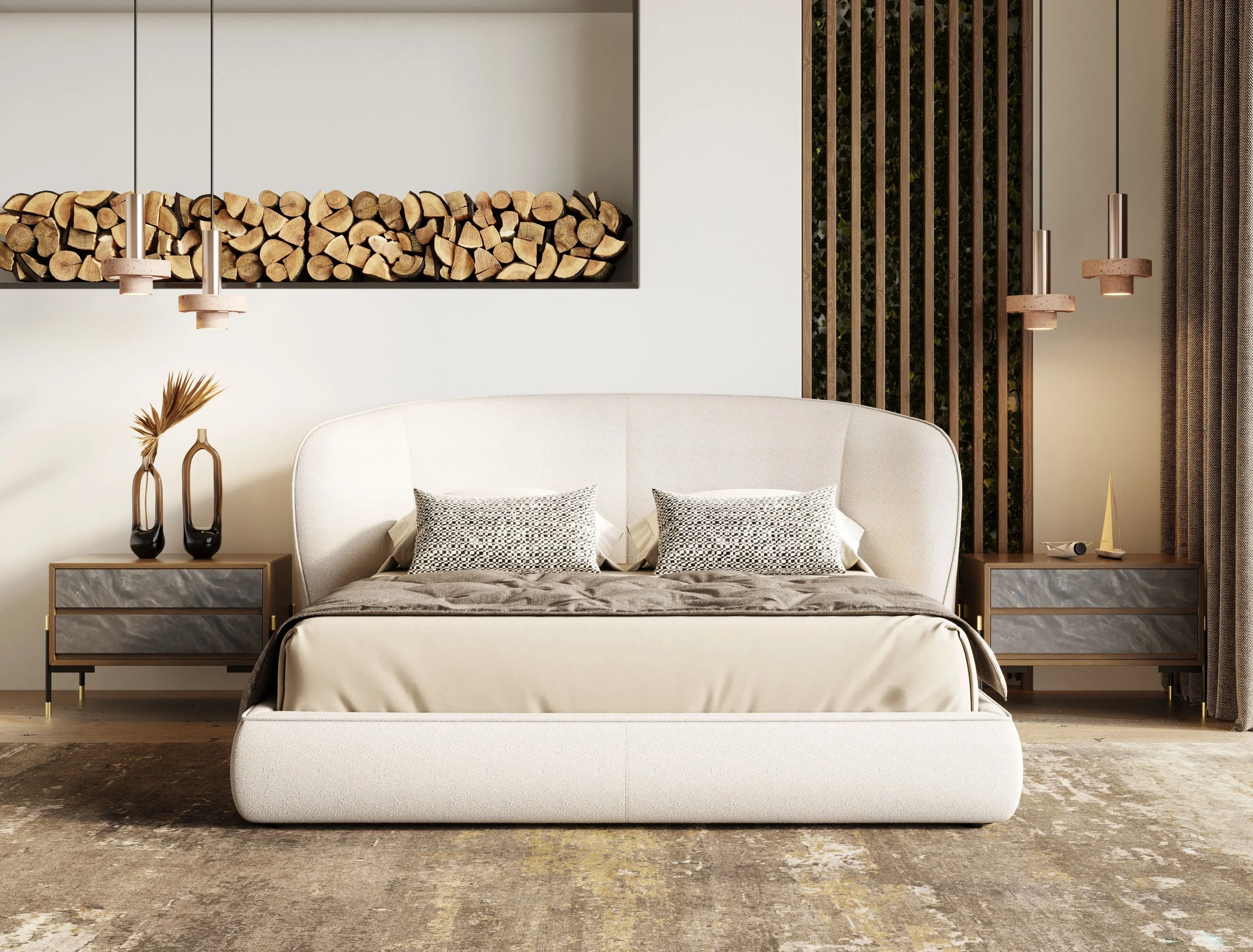Suzanna Modern Beige Boucle Fabric Upholstered Bed - Image 9
